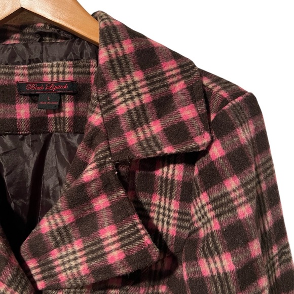 Wool Blend Plaid Button-Up Pea Coat with Pockets in Pink, Purple, Cream Size L - Picture 2 of 4